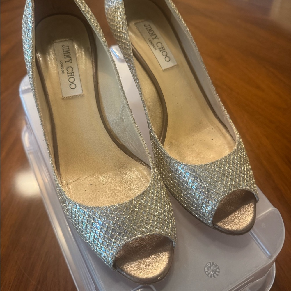 Jimmy Choo Glittering Gold Peep-Toe Heels